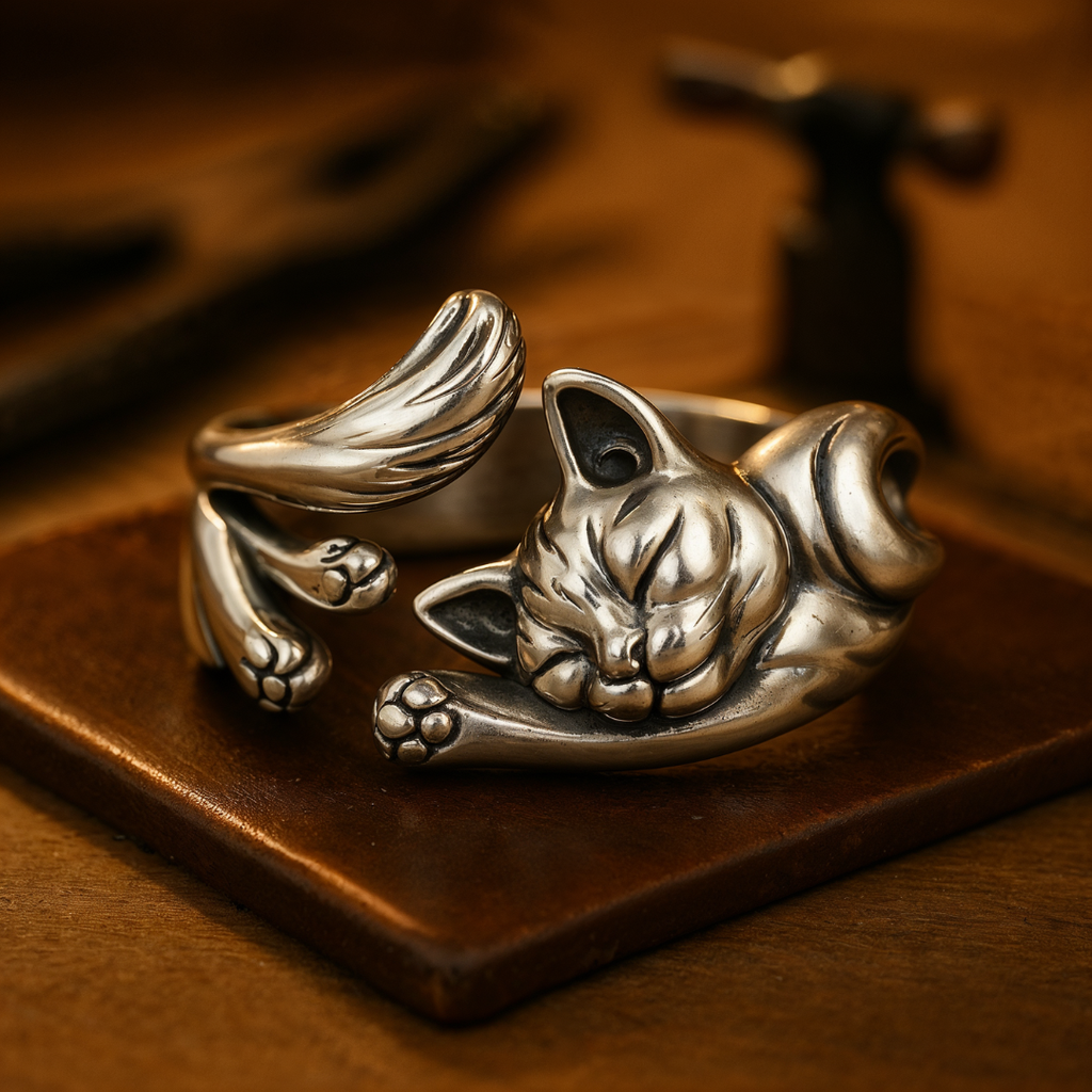 Vintage silver cat ring