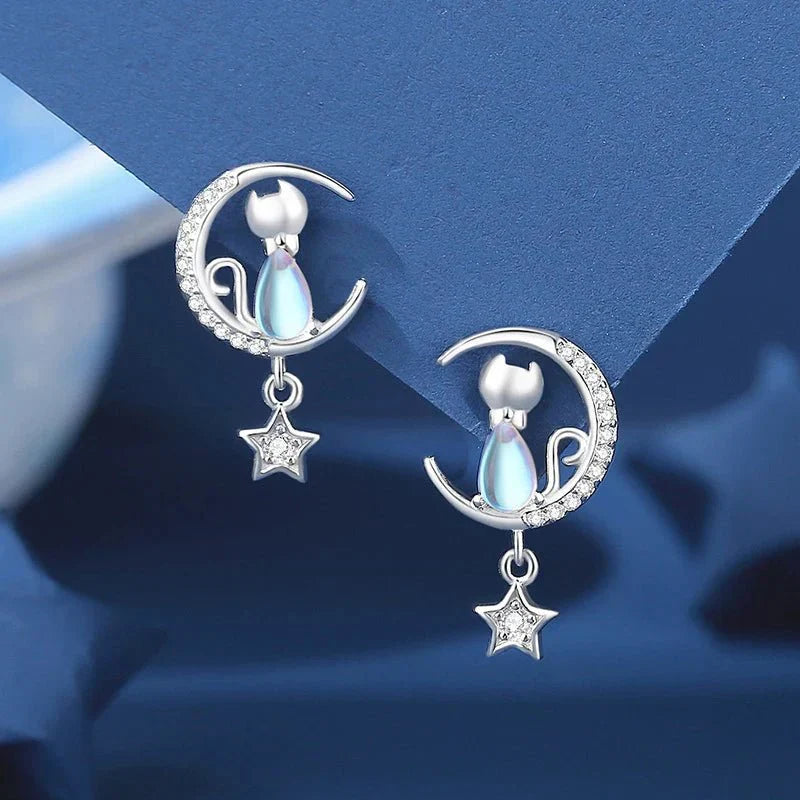Cat earrings with moon and star in 925 sterling silver with cubic zirconia
