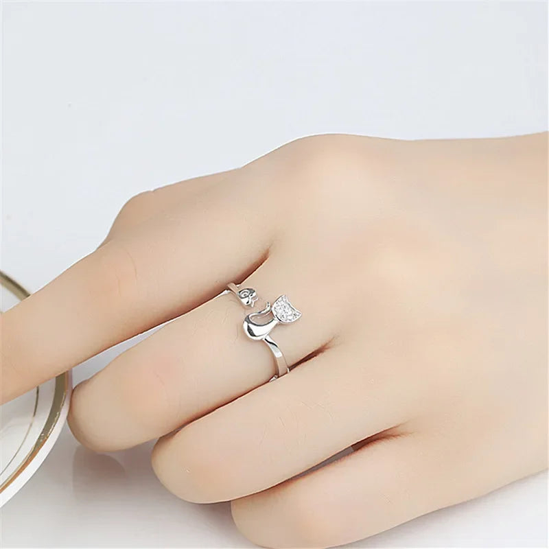Open ring with cute cat - Zircons