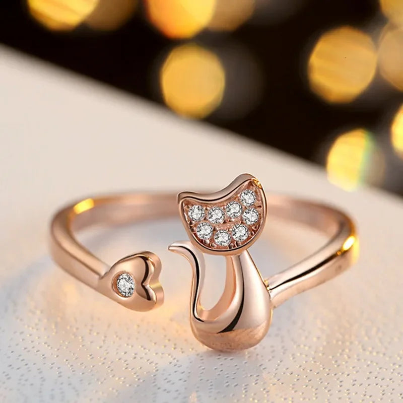 Open ring with cute cat - Zircons