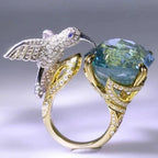 Adjustable Aquamarine-Color Hummingbird Ring – 14K Gold Plated