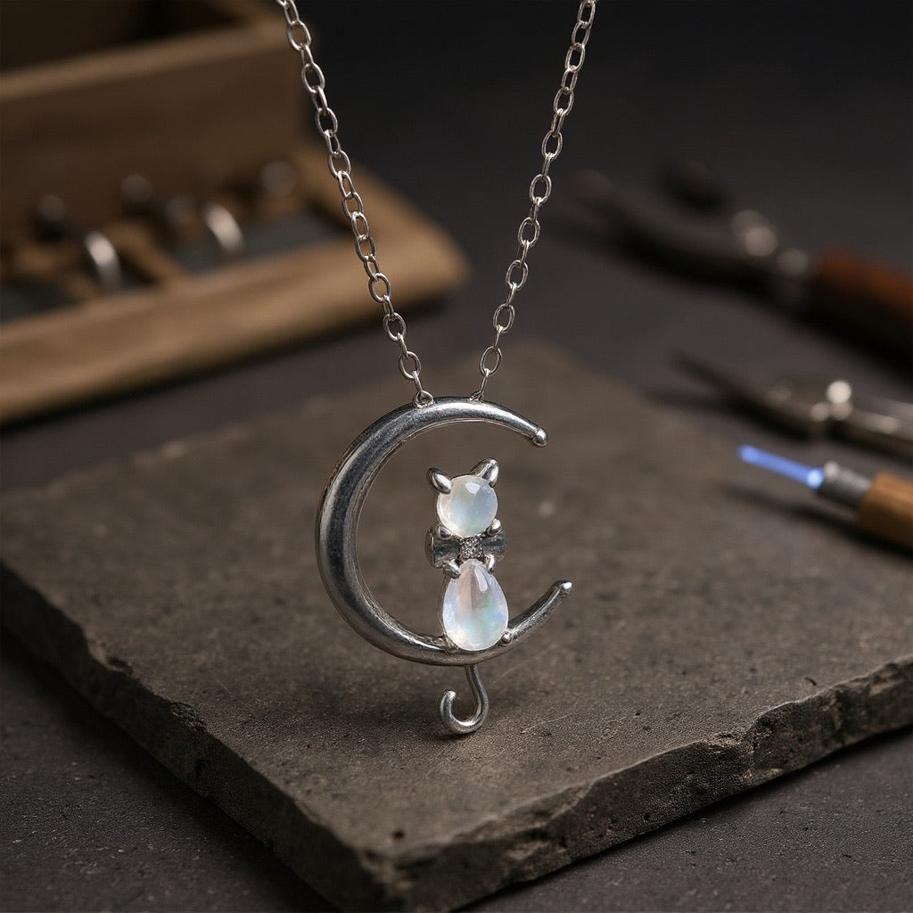 Crescent moonstone and cat necklace