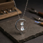 Crescent moonstone and cat necklace