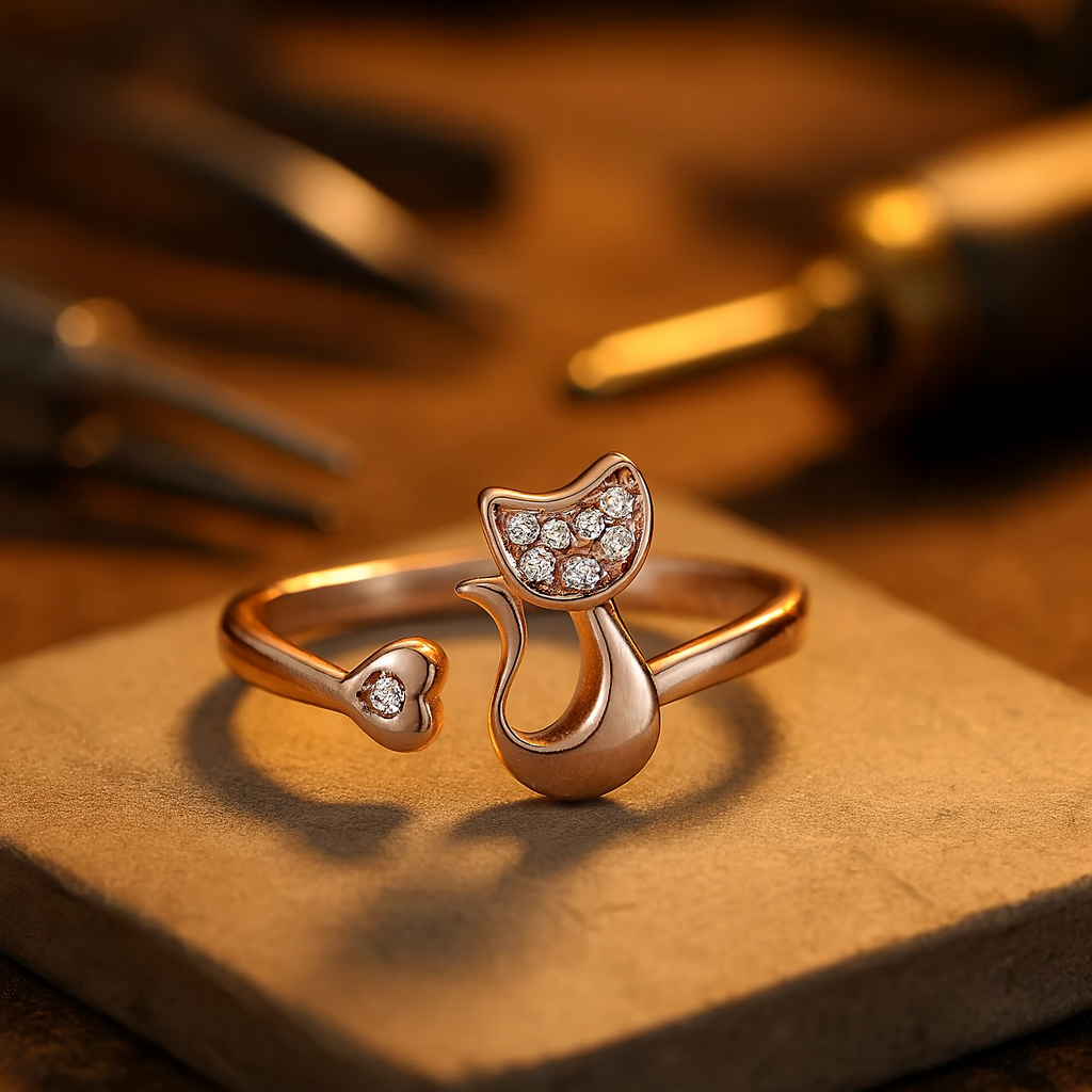 Open ring with cute cat - Zircons