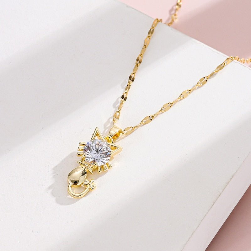 Gold-plated cat necklace with cubic zirconia