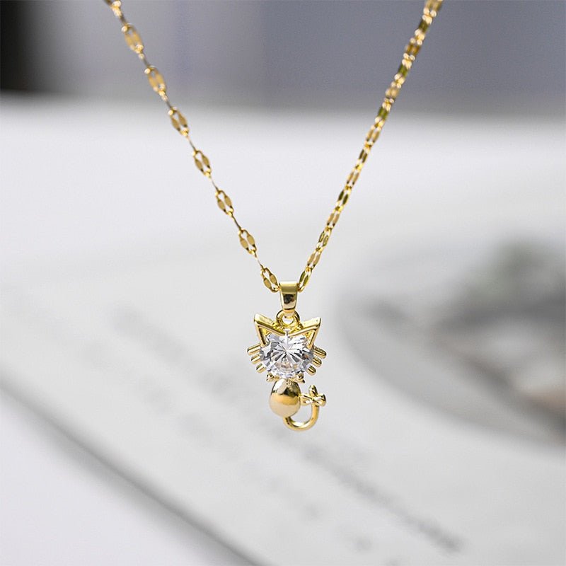 Gold-plated cat necklace with cubic zirconia