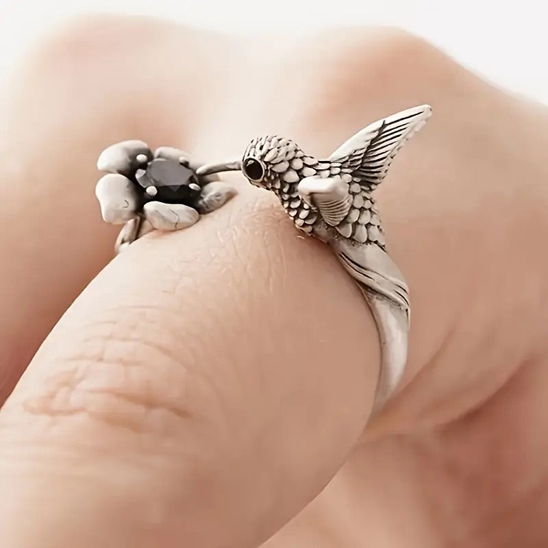 Hummingbird & Flower Ring – Adjustable Open Bird Ring for Women