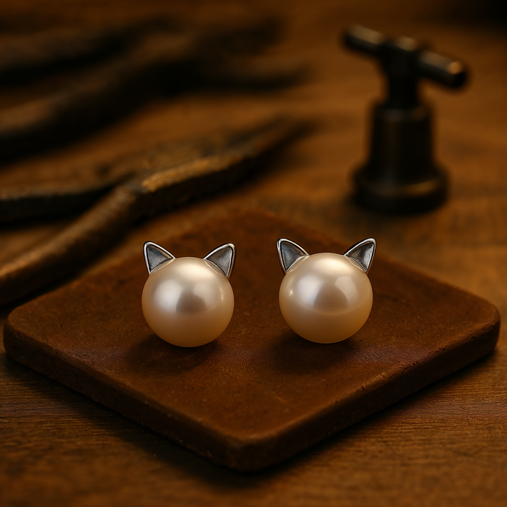 Cat Pearl Ear Stud Earrings