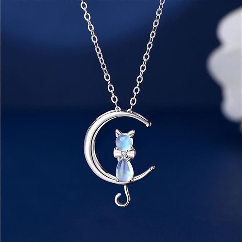 Crescent moonstone and cat necklace