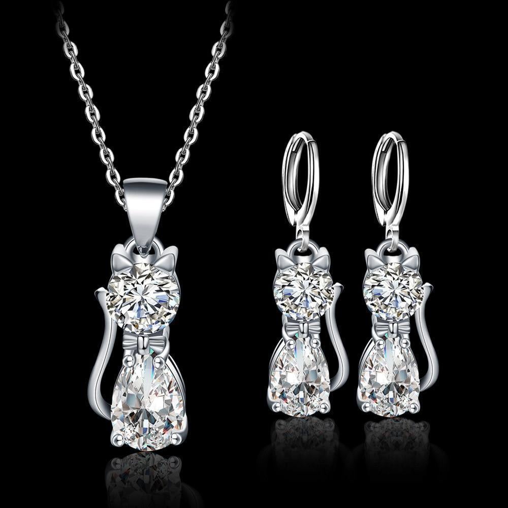 Happy Cats necklace + earrings set in sterling silver and polished white zirconium