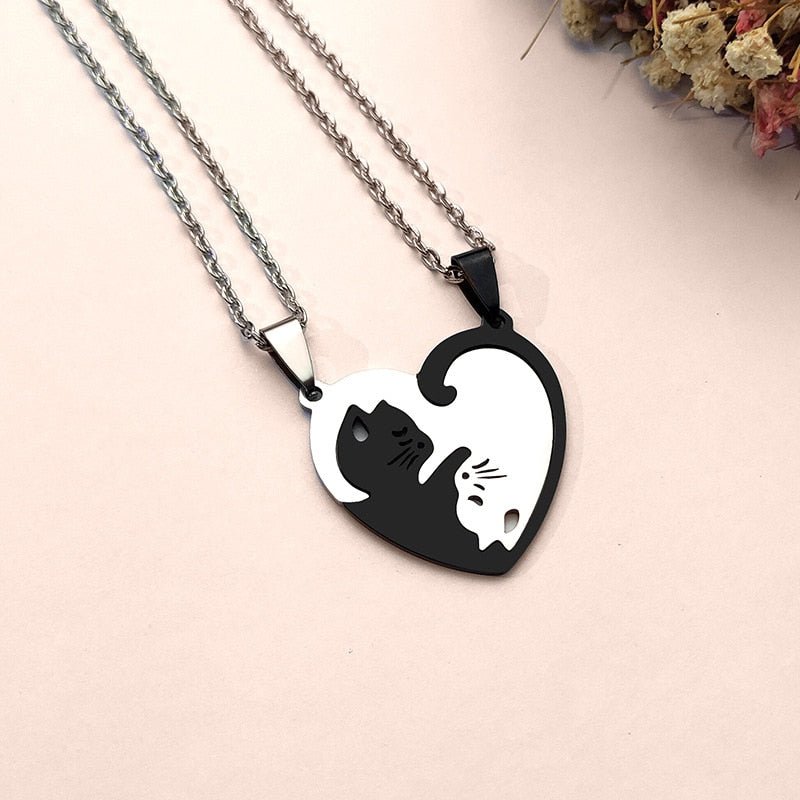 Black and white cat yin yang necklace